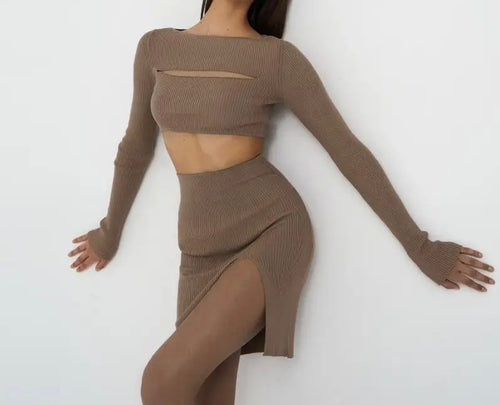 Shaneva - Long Sleeve Cut Out Crop Set